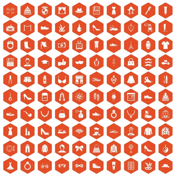 100 iconos de moda hexágono naranja — Archivo Imágenes Vectoriales