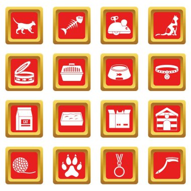 Kırmızı kedi bakım araçları Icons set