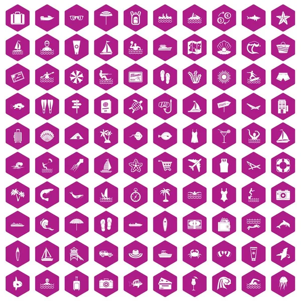 100 Strand Ikonen Sechseck violett — Stockvektor