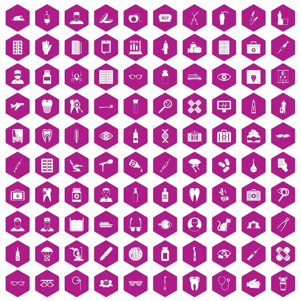 100 γιατρός εικονίδια εξάγωνο βιολετί — Διανυσματικό Αρχείο