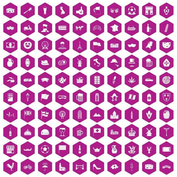 100 europäische Länder Ikonen Sechseck violett — Stockvektor