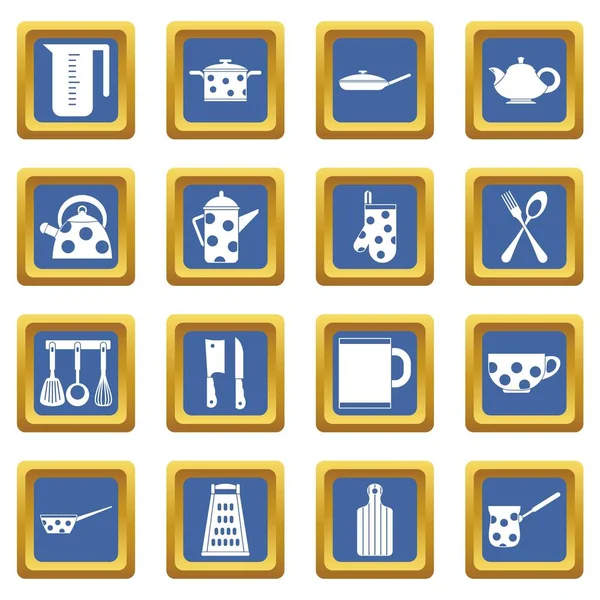 Conjunto de iconos de utensilios y herramientas de cocina azul — Vector de stock