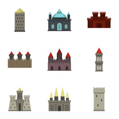 Kaleler ve kuleler simge seti, düz stil