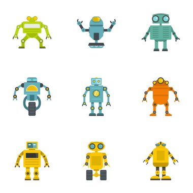 Teknoloji robot Icons set, düz stil