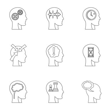 Dişli Icons set, anahat stili ile baş siluet