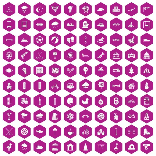 100 kids games icons hexagon violet — Stock Vector