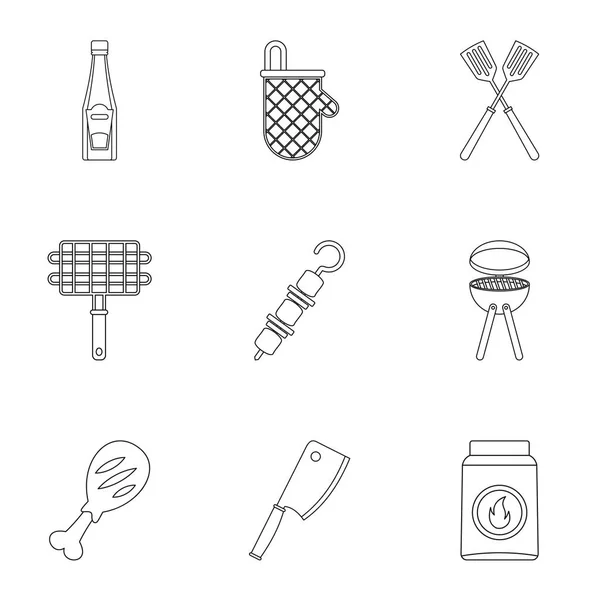 Frying meat icons set, outline style — Stock Vector