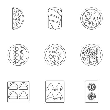 Sushi menü simgeleri seti, anahat stili