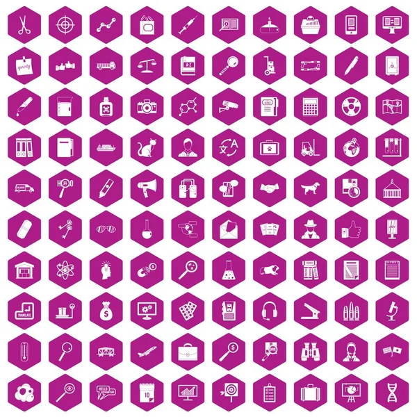 100 Μεγεθυντικός φακός εικονίδια εξάγωνο βιολετί — Διανυσματικό Αρχείο