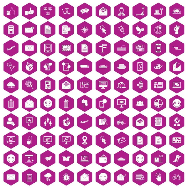 100 αλληλογραφίας εικονίδια εξάγωνο βιολετί — Διανυσματικό Αρχείο
