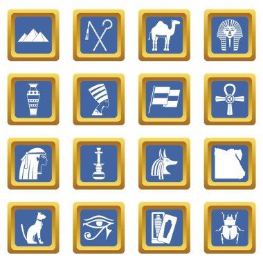 Mısır seyahat öğeler simgeleri mavi ayarla