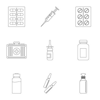 Tıbbi preparatlar simge seti, anahat stili