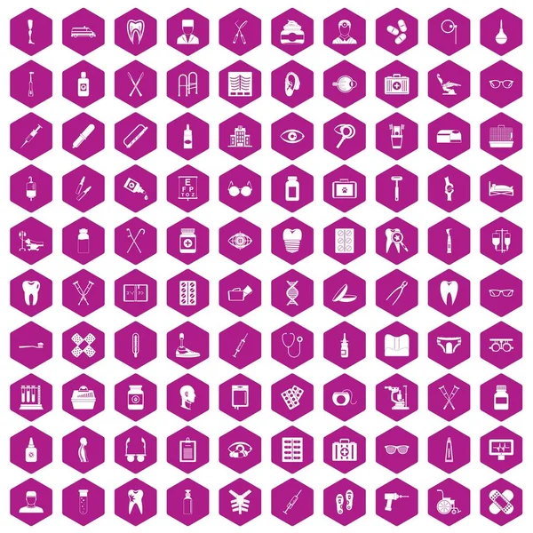 100 ιατρική αξεσουάρ εικονίδια εξάγωνο βιολετί — Διανυσματικό Αρχείο