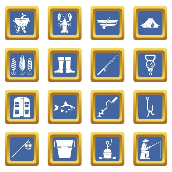 Herramientas de pesca iconos conjunto azul — Vector de stock
