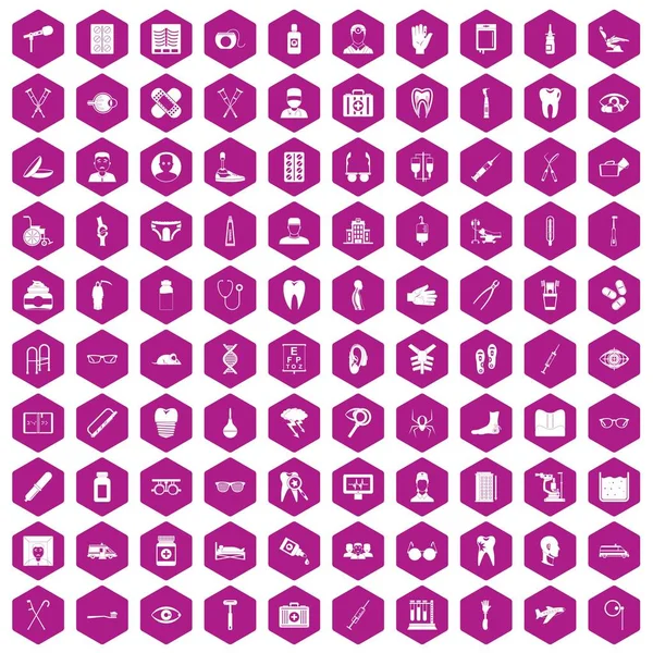 100 ιατρικές treatmet εικονίδια εξάγωνο βιολετί — Διανυσματικό Αρχείο