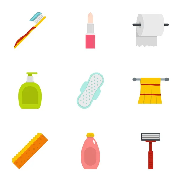 Ensemble d'icônes accessoires salle de bain, style plat — Image vectorielle