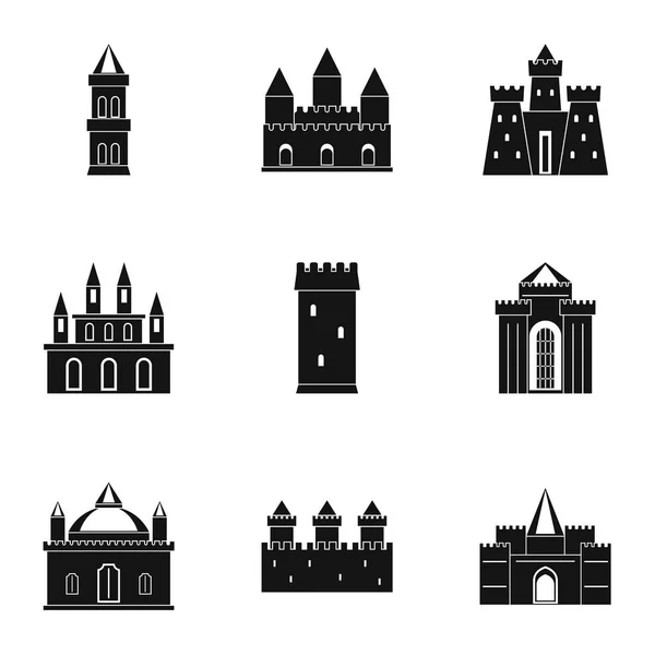 Castillos y torres icono conjunto, estilo simple — Archivo Imágenes Vectoriales