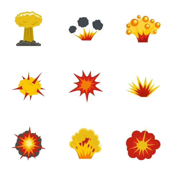 Explosie effect iconen set, vlakke stijl — Stockvector