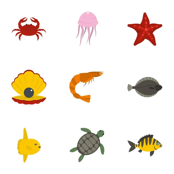 Conjunto de iconos de pegatinas de animales submarinos, estilo plano — Vector de stock