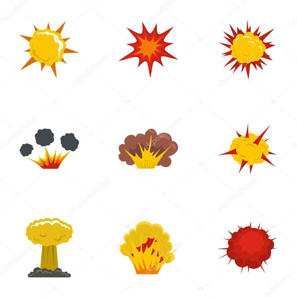 Different explosion icons set. Flat set of 9 different explosion vector icons for web isolated on white background