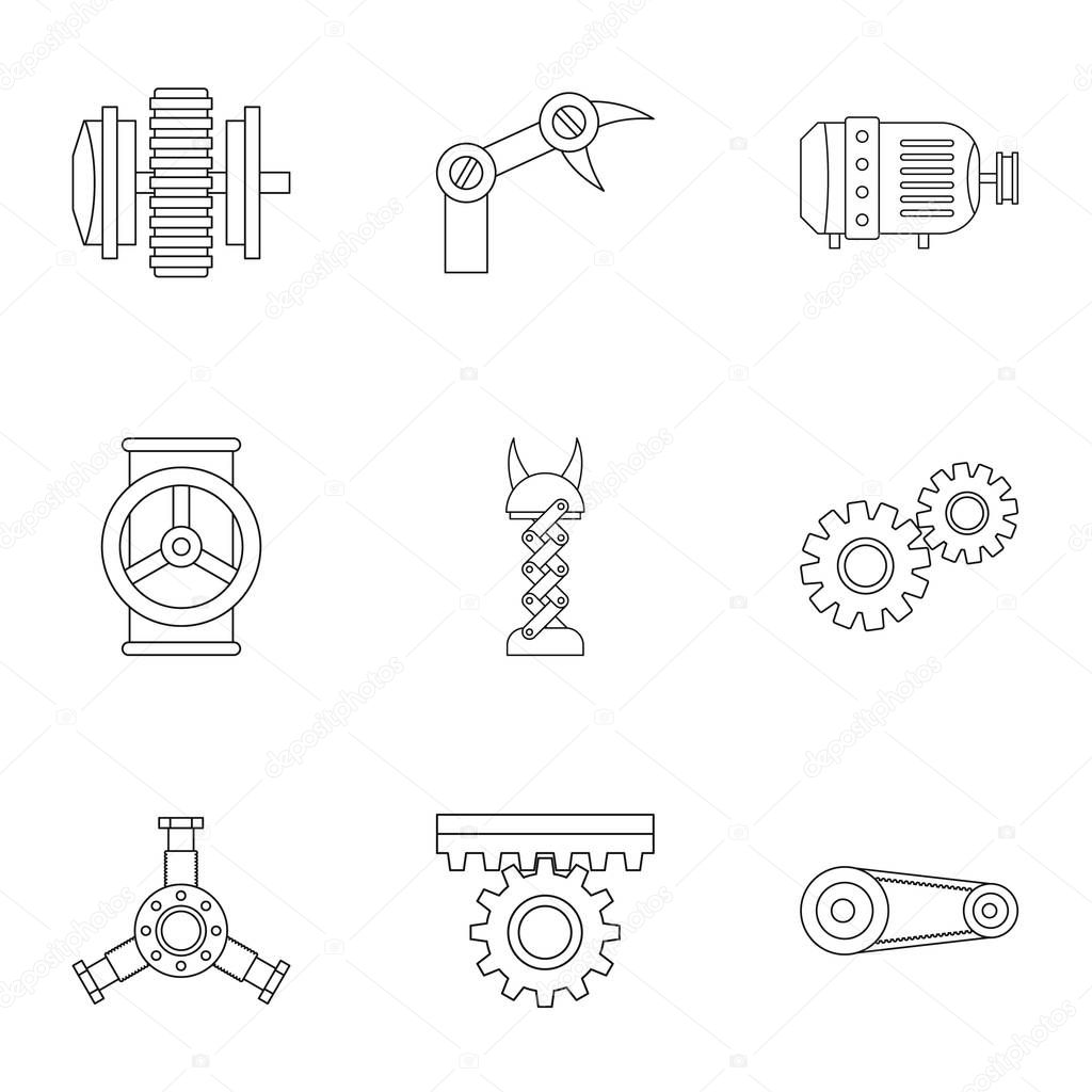Mechanism parts icon set, outline style
