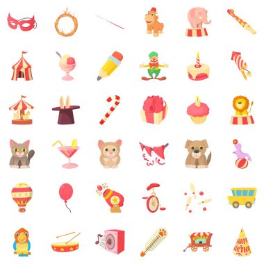 Çocukluk simgeleri karnaval ayarlayın. Karikatür tarzı çocukluk vektör simgeler beyaz arka plan üzerinde izole web için 36 karnaval