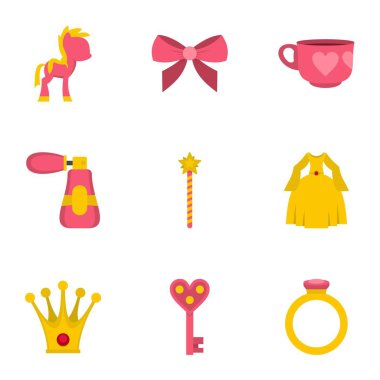 Prenses Peri kuyruk simge seti, düz stil