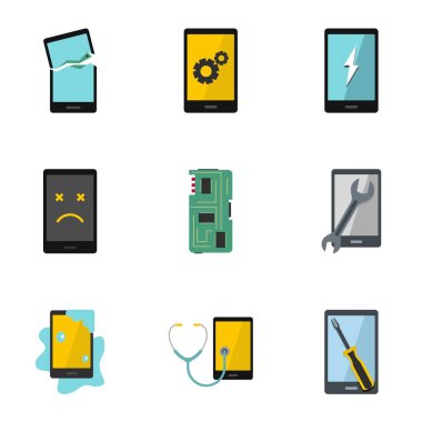 Kırık telefonları Icon set düzeltmek. 9 kırık telefonları düzeltme vektör simgeler beyaz arka plan üzerinde izole web için düz stil kümesi