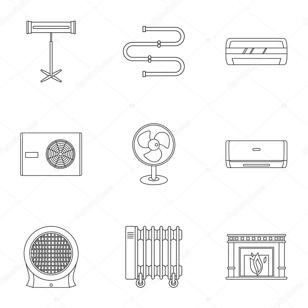 Electric heater icon set, outline style