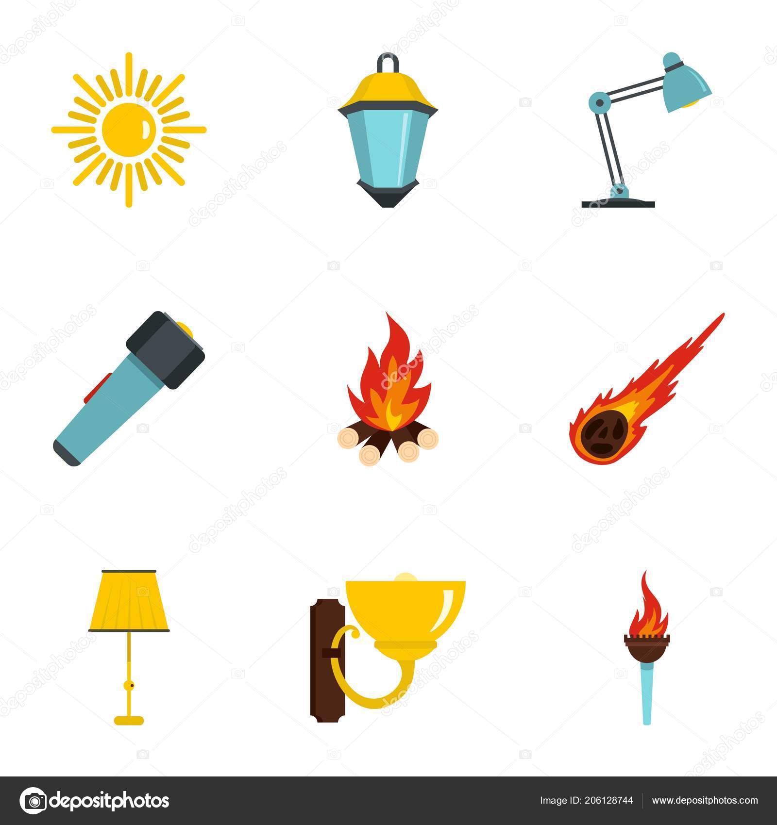 Fuentes de luz icono conjunto, estilo plano — Archivo