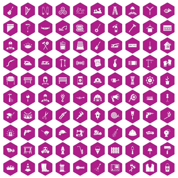 100 εργαλεία εικονίδια εξάγωνο βιολετί — Διανυσματικό Αρχείο