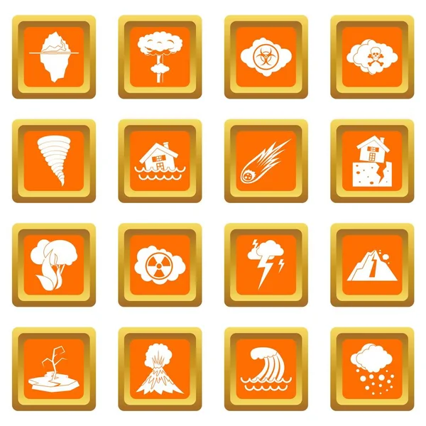 Natural disaster icons set orange — Stock Vector