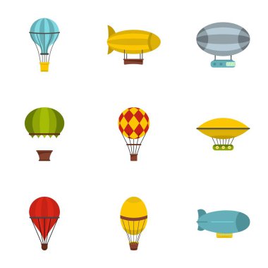 Zeplin balonlar simge seti, düz stil