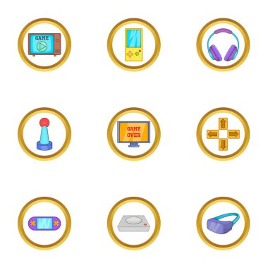 Oyun Icon set. Çizgi film stil kümesi beyaz arka plan üzerinde izole web için 9 oyun vektör simgeler