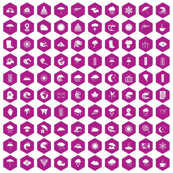 100 vejr ikoner hexagon violet – Stock-vektor
