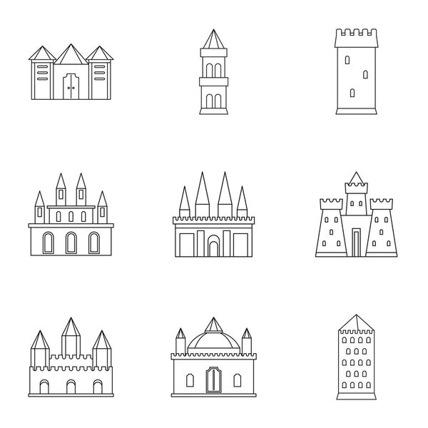 Castles and towers icon set, outline style