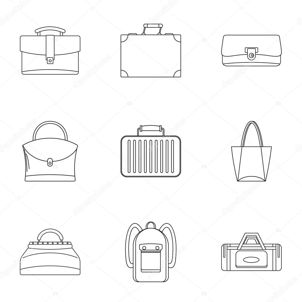 Bags and suitcases icon set, outline style