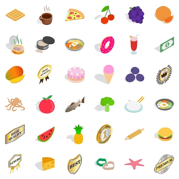 Food in dish icons set, isometric style
