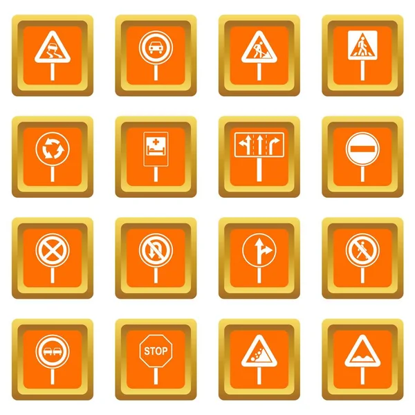 Different road signs icons set orange — Stock Vector
