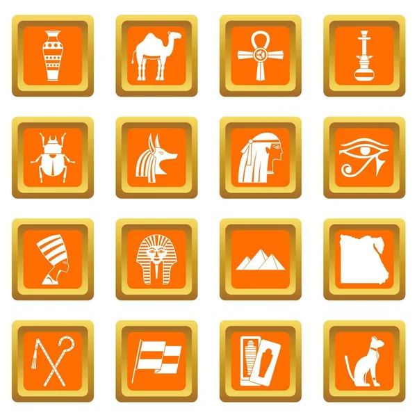 Egipto artículos de viaje iconos conjunto naranja — Vector de stock