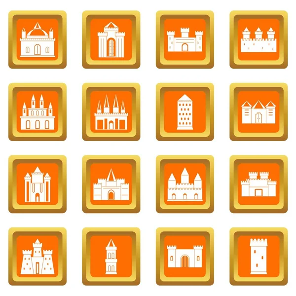 Conjunto de iconos de torres y castillos naranja — Vector de stock