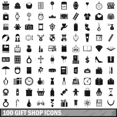 100 Hediyelik Dükkanı Icons set, basit tarzı 