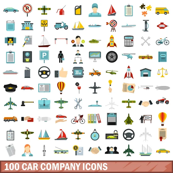 100 conjunto de iconos de la compañía de coches, estilo plano — Vector de stock