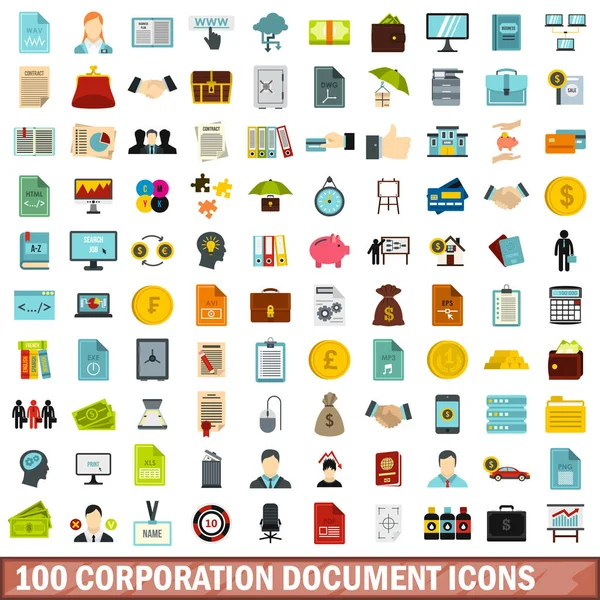 100 corporation dokumentum ikonok készlet, lapos stílus — Stock Vector