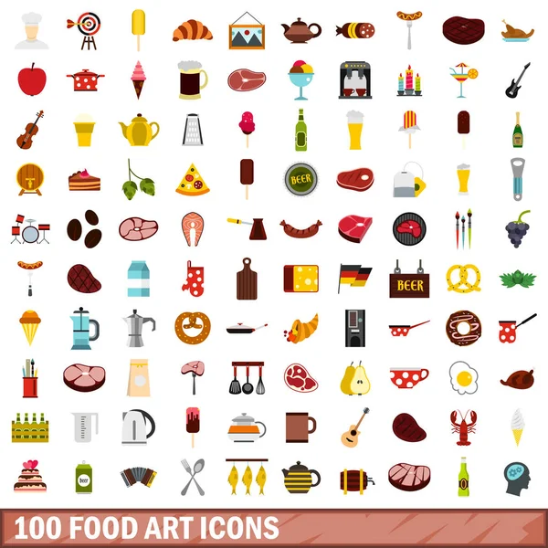Ensemble de 100 icônes de l'art alimentaire, style plat — Image vectorielle