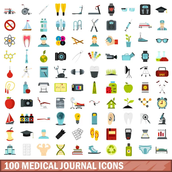 100 medical journal icons set, flat style — Stock Vector