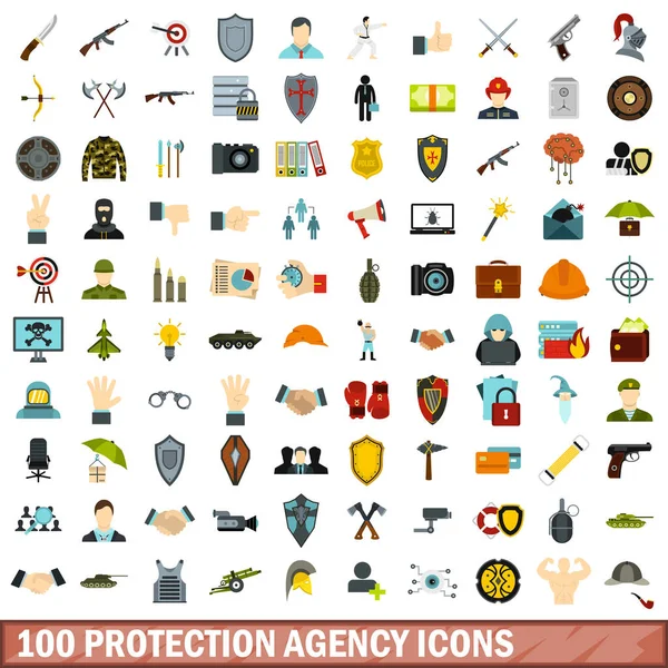 100 skydd byrån ikoner anger, platt stil — Stock vektor