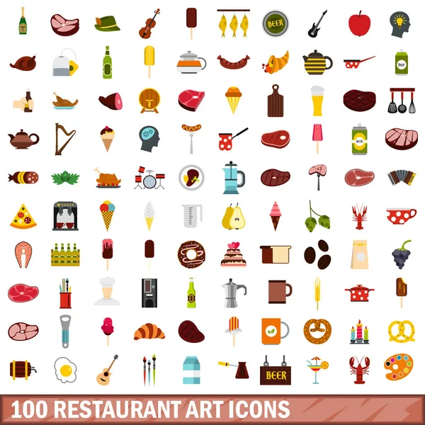 100 restaurante conjunto de ícones de arte, estilo plano — Vetor de Stock