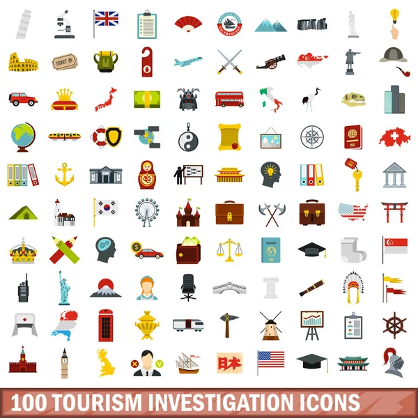100 conjunto de iconos de investigación turística, estilo plano — Vector de stock