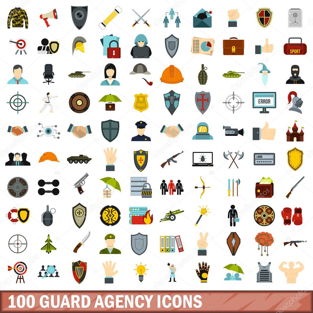 100 guard agency icons set, flat style